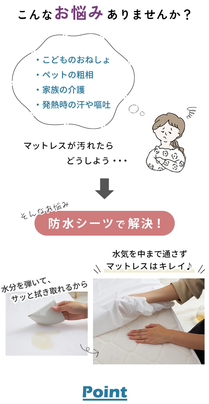 粗相や汚れからマットレスを守る防水シーツの説明画像
